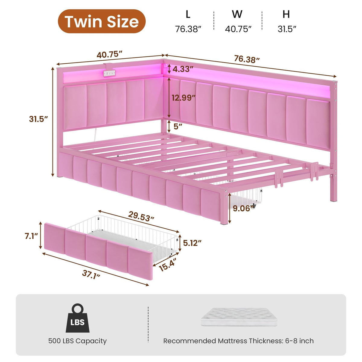 Pink Twin Size Corner Bed Frame with Storage Drawers X4667