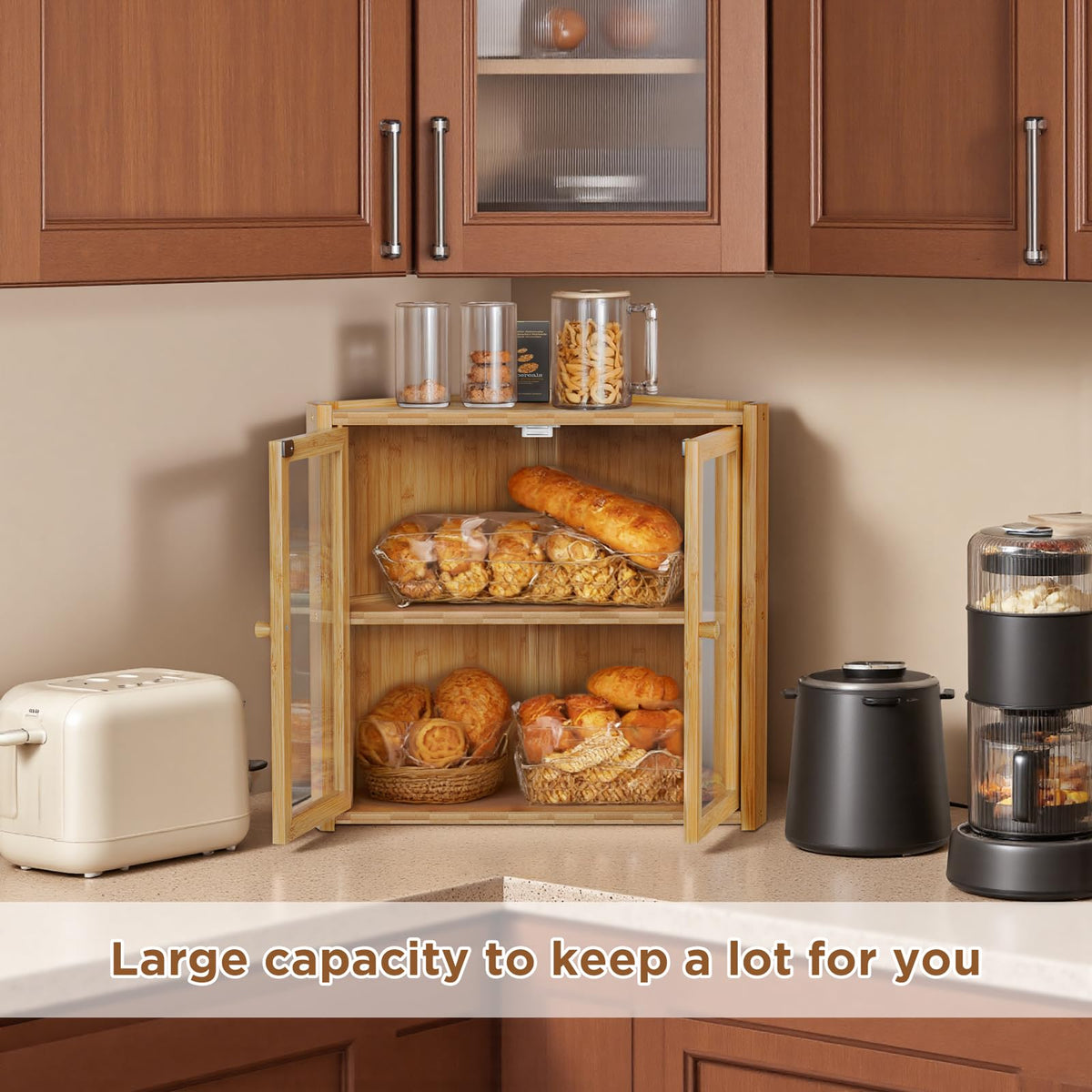 Double Layer Bamboo Bread Box with 2 Doors I750
