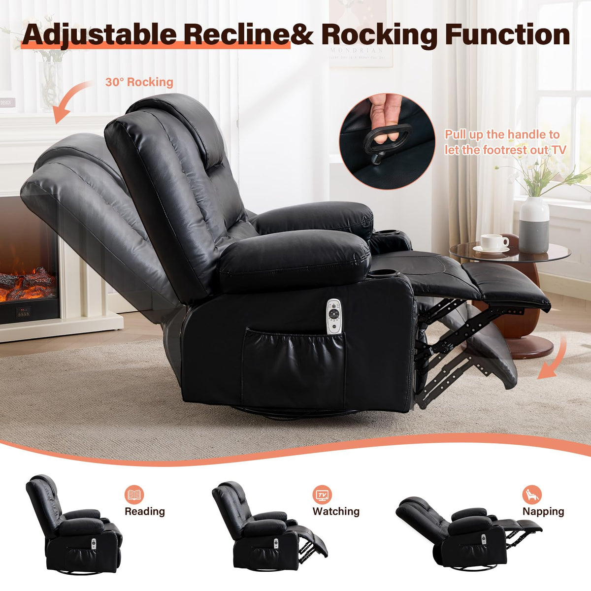 Massage Swivel Recliner Chair with Heat and Cup Holders K266660