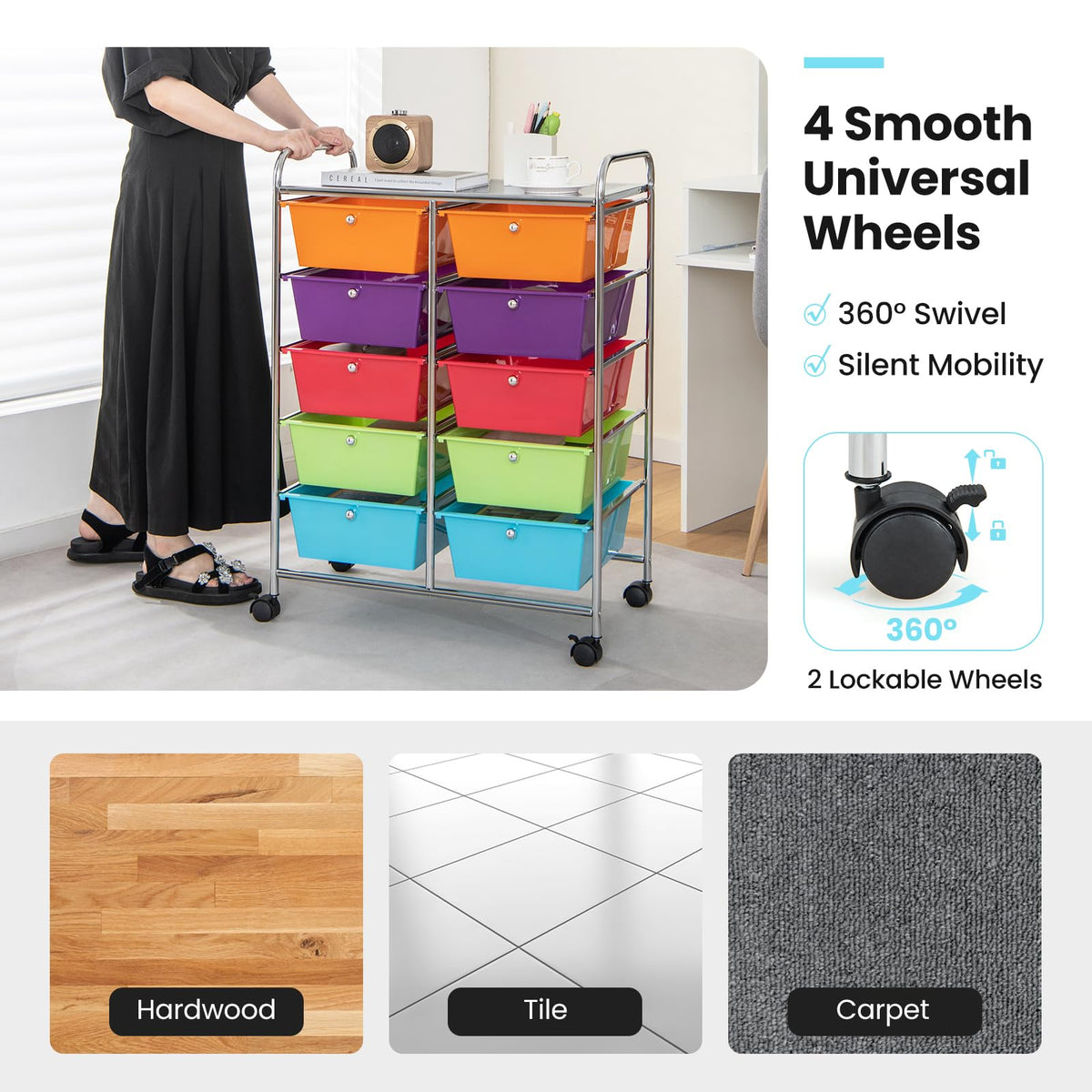 10 Drawer Rolling Storage Cart with Lockable Wheels H752