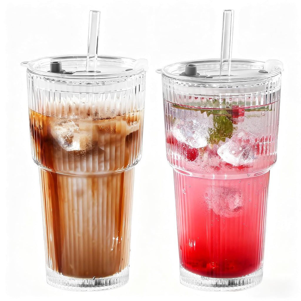 20oz Ribbed Glass Tumbler Set with Lids and Straws, 2 Pack U6176