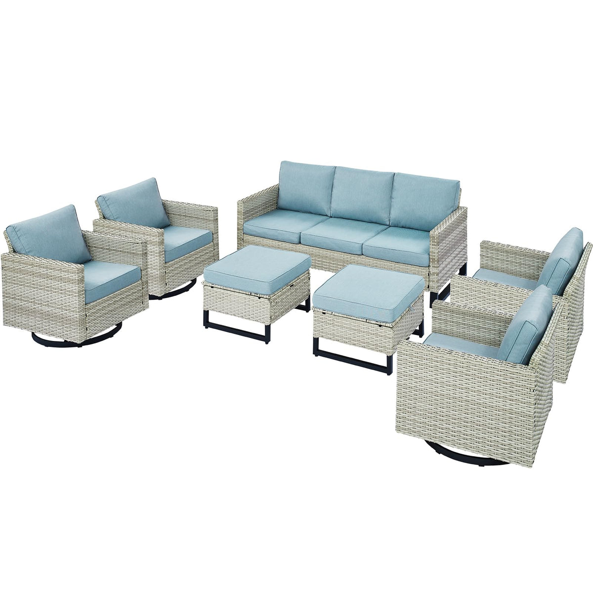7 Piece Wicker Patio Conversation Set with Swivel Rocker Chairs and Ottoman L554
