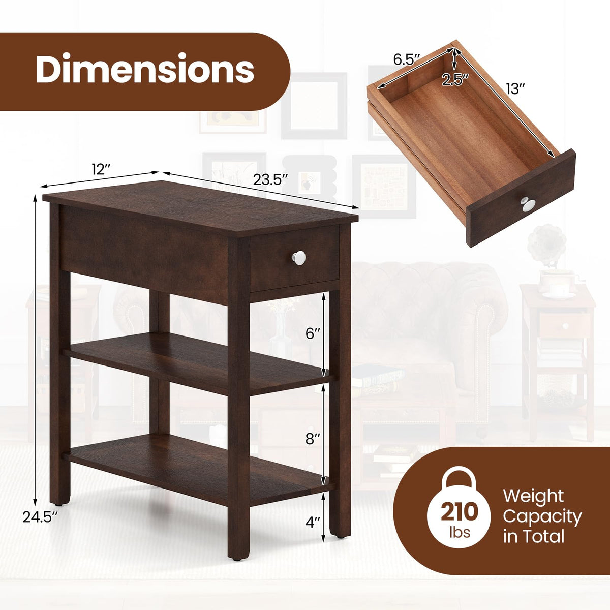 Narrow End Table Set of 2 Wood 3-Tier A3712