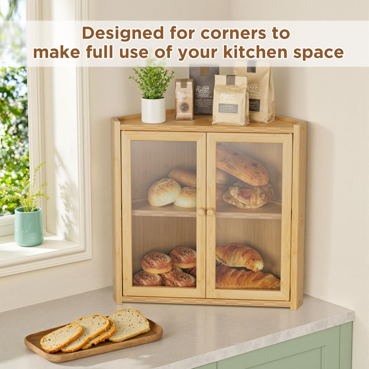 Double Layer Bamboo Bread Box with 2 Doors I750
