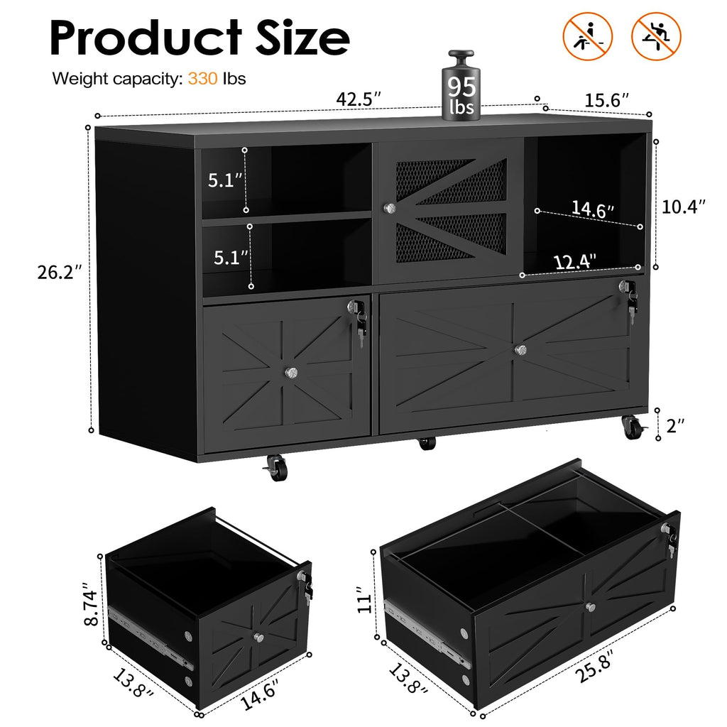 2 Drawer Wood Mobile Lateral File Cabinet with Storage Shelves, Black O88578