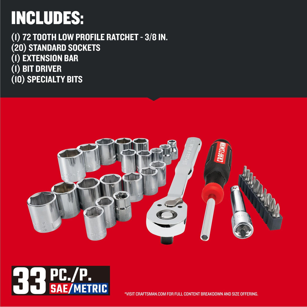 33 Piece 3/8 Inch Drive SAE/Metric Mechanics Tool Set Z19398