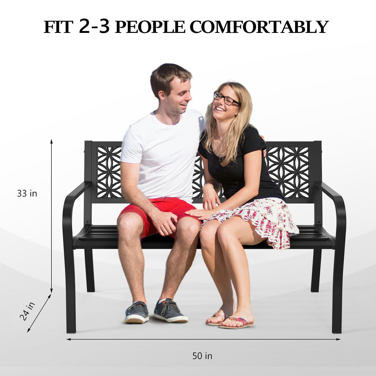 50" Black Metal Outdoor Bench with Floral Back H8898