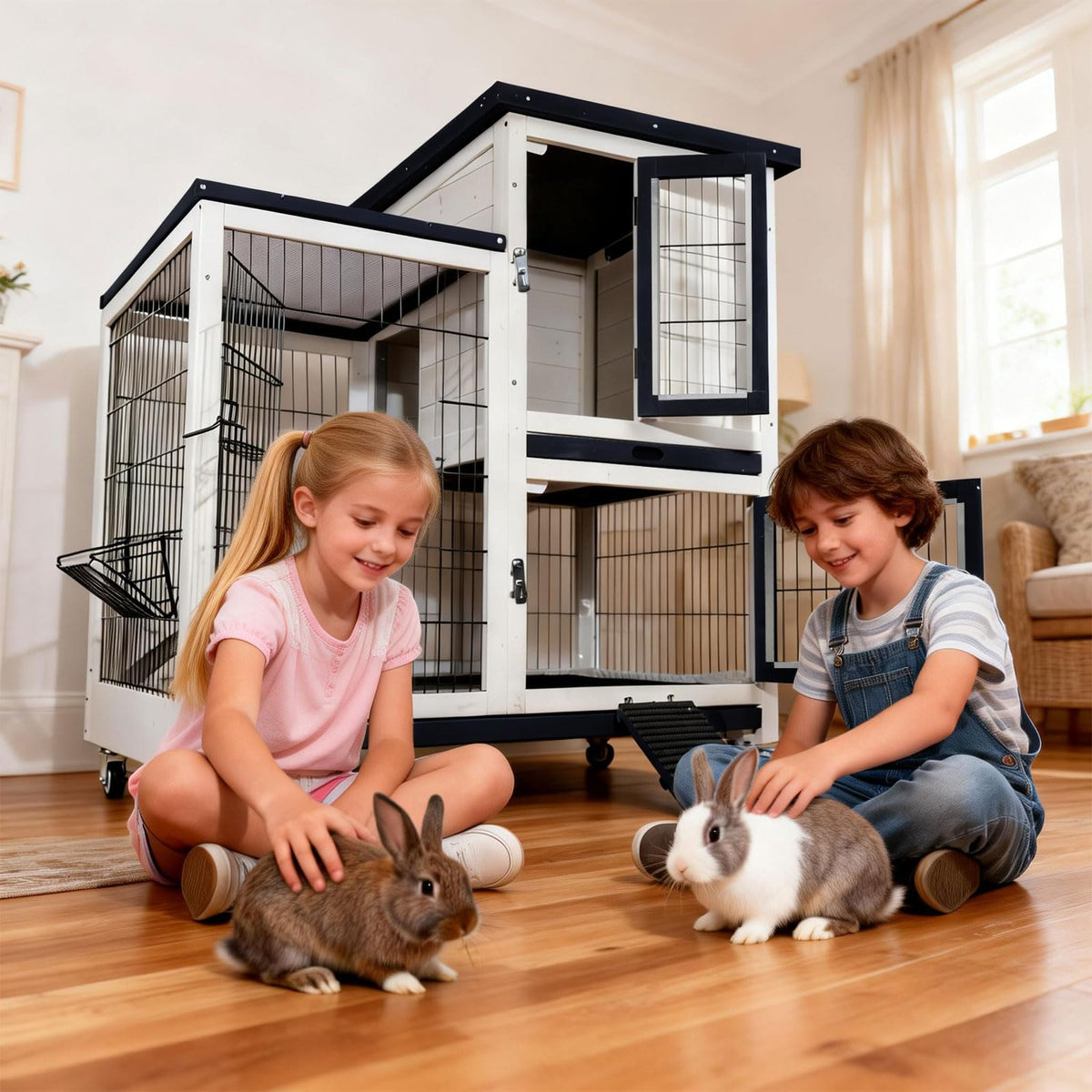 2-Story Indoor Outdoor Rabbit Hutch with Dual Trays P36768