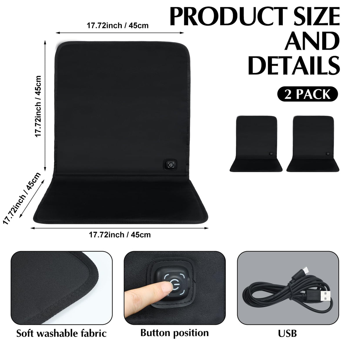 Black 2 Pcs USB Portable Heated Seat Cushion with Back Support Q621