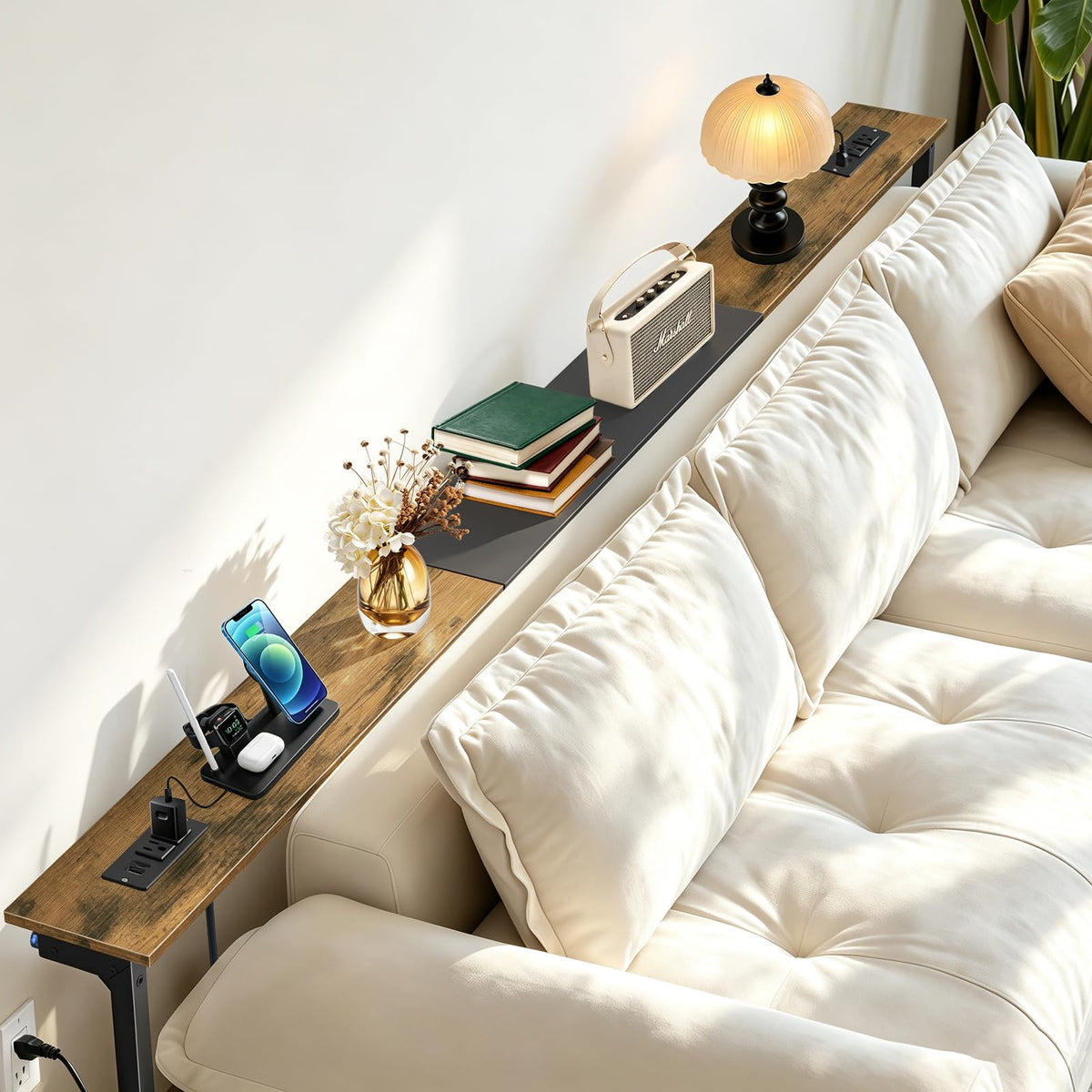 Rustic Brown Narrow Console Table with 2 Power Outlets V83624