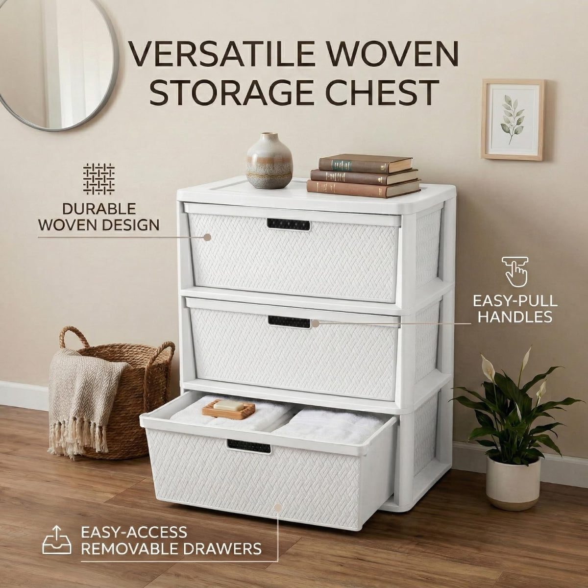 Opaque White 3-Drawer Plastic Storage Tower X522