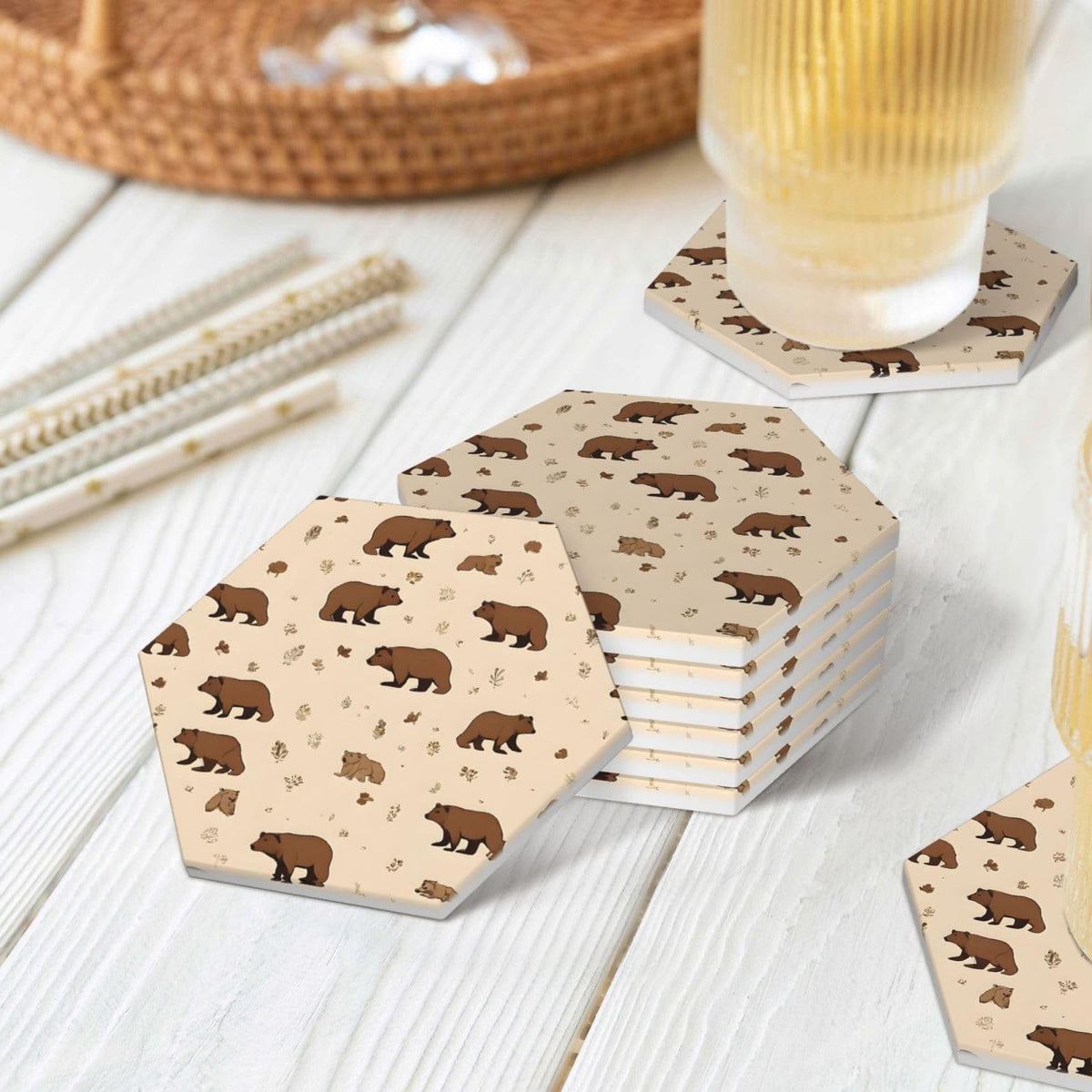 6 Piece Hexagonal Ceramic Coasters with Cork Backing O975225