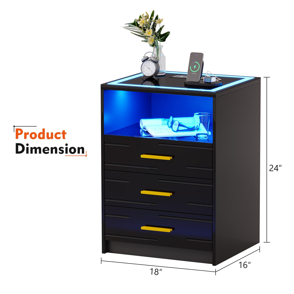 Black Glass Top 3 Drawer Nightstand with Wireless Charging O77040