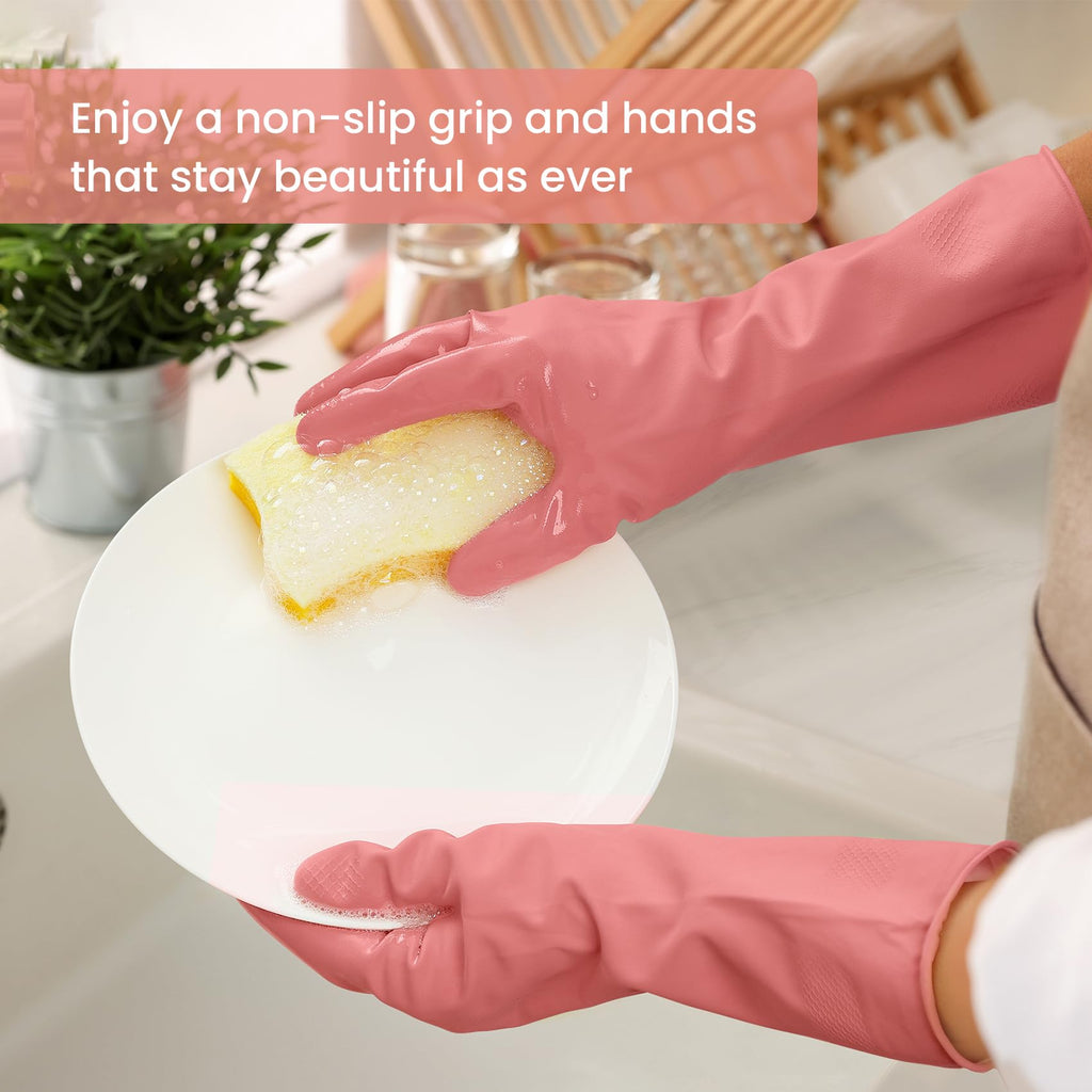 4 Pairs Reusable Rubber Cleaning Gloves with Flocked Lining and Non-Slip Grip M13059