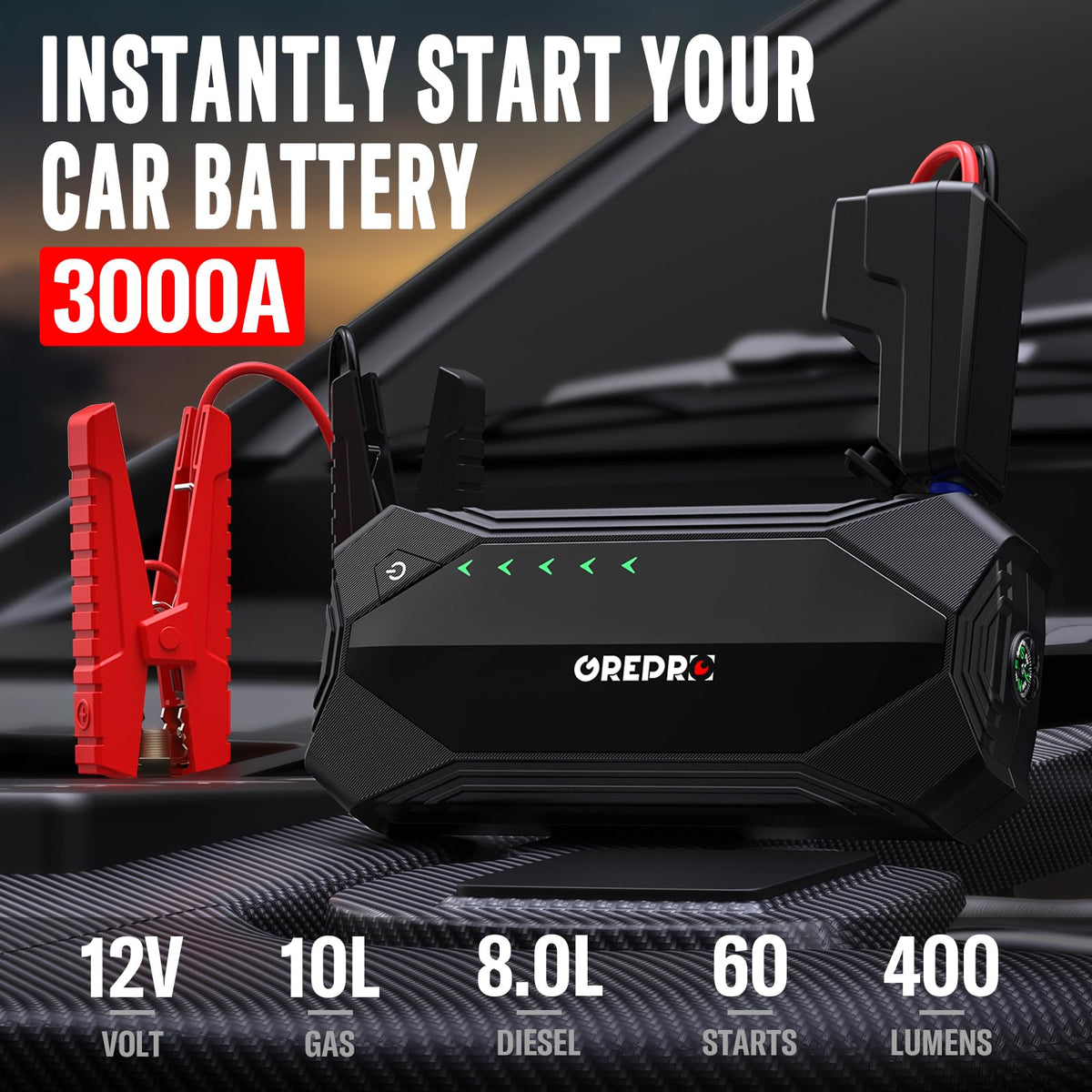 3000A 12V Jump Starter with Jumper Cables and LED Light T50196