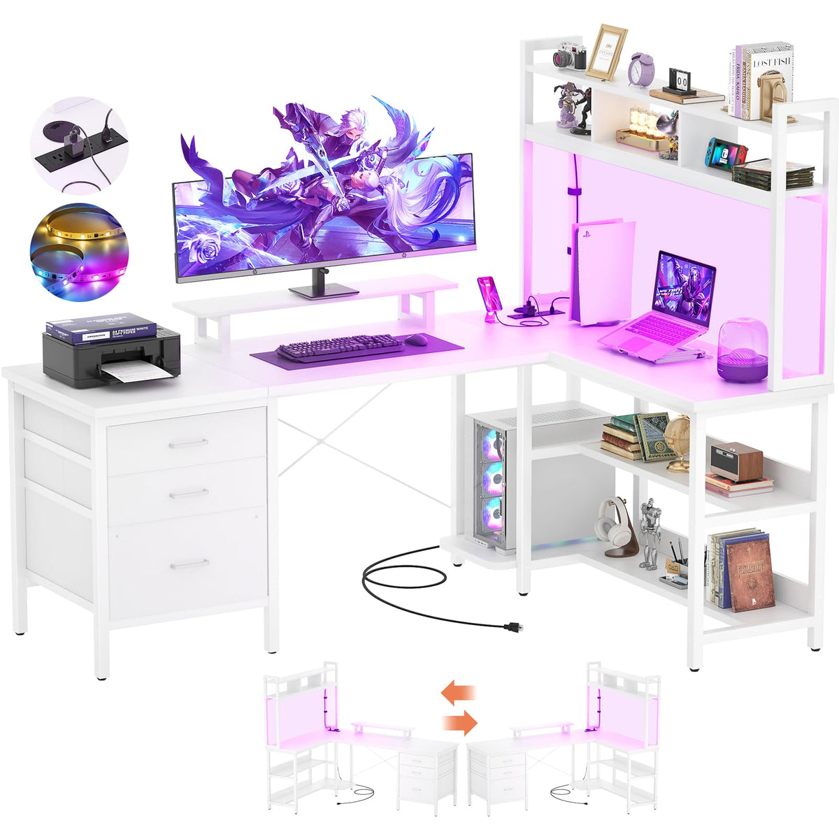 White L Shaped Gaming Desk with Hutch and Led Lights Y7582