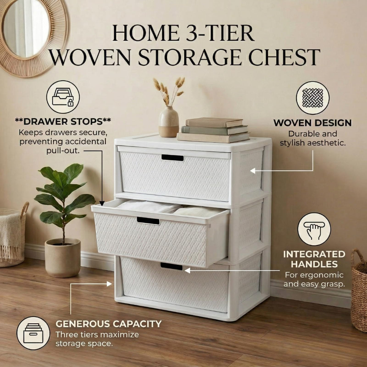 Opaque White 3-Drawer Plastic Storage Tower X522