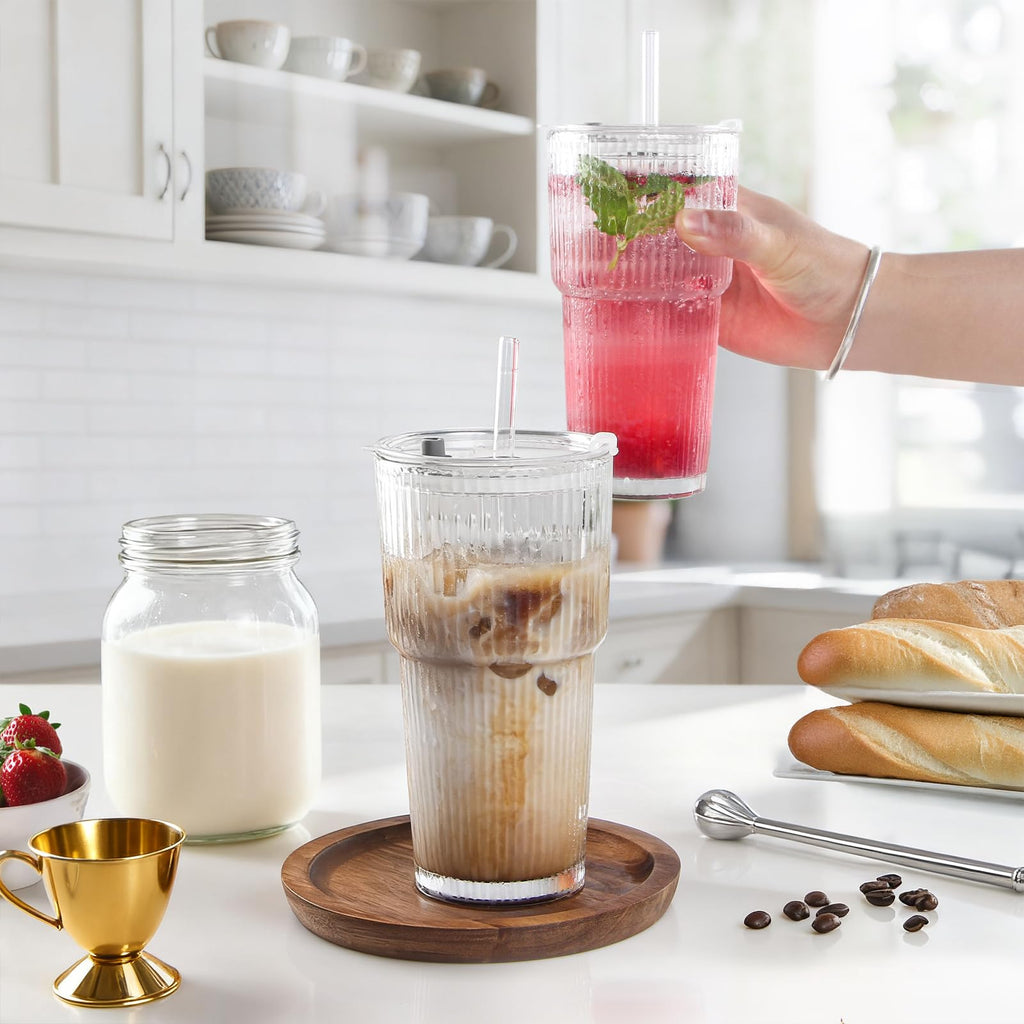 20oz Ribbed Glass Tumbler Set with Lids and Straws, 2 Pack U6176