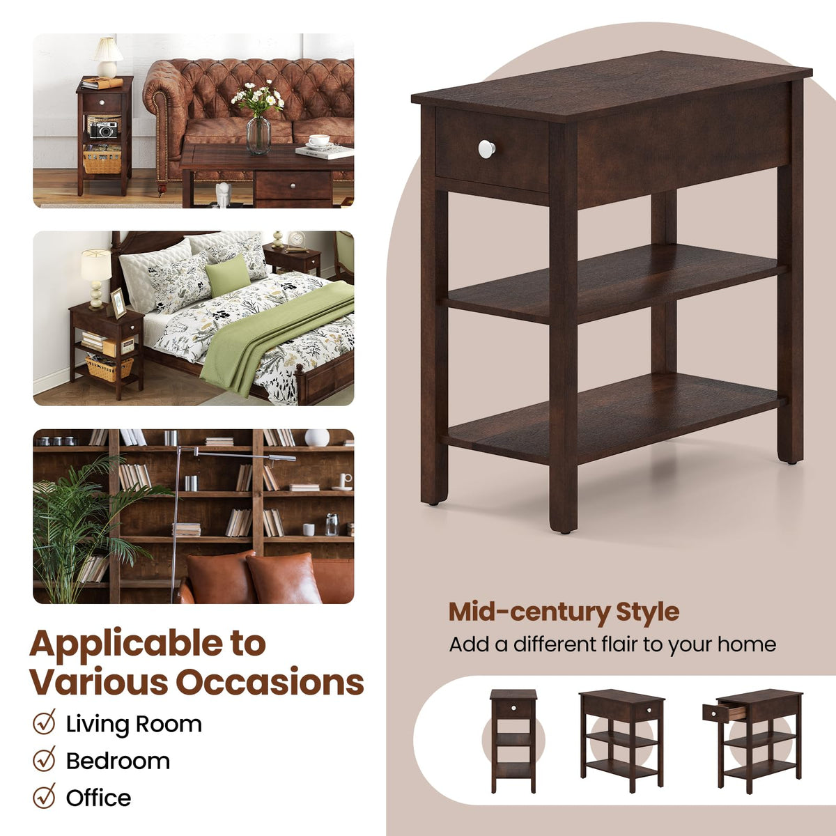Narrow End Table Set of 2 Wood 3-Tier A3712