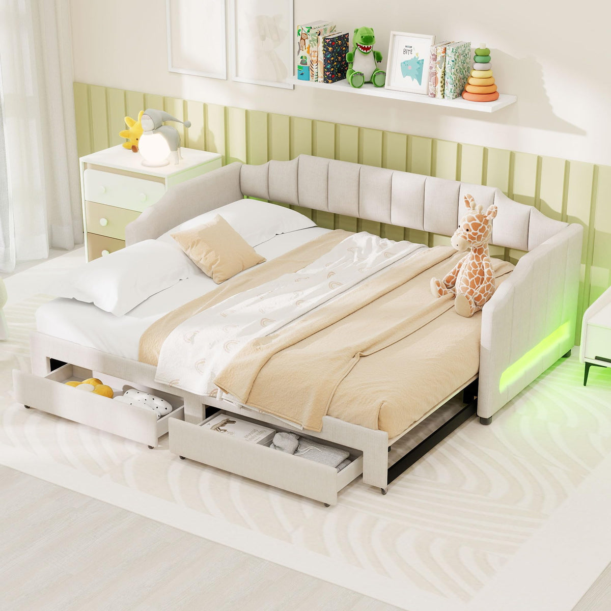 Twin XL to King Size Upholstered Daybed with Trundle and 2 Storage Drawers F882892