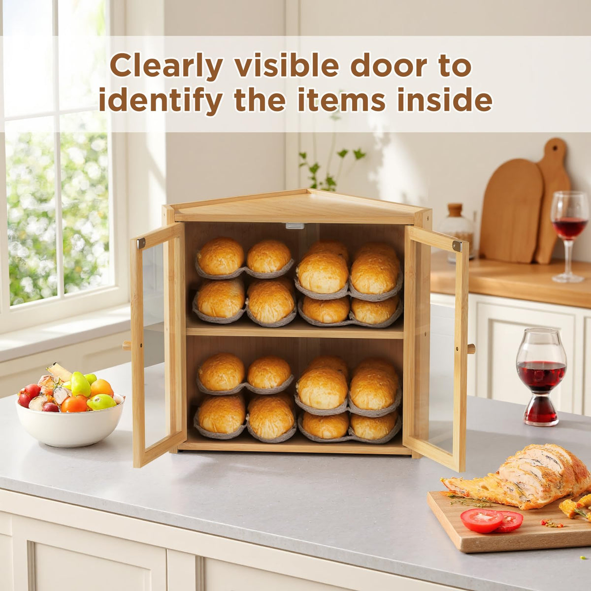 Double Layer Bamboo Bread Box with 2 Doors I750
