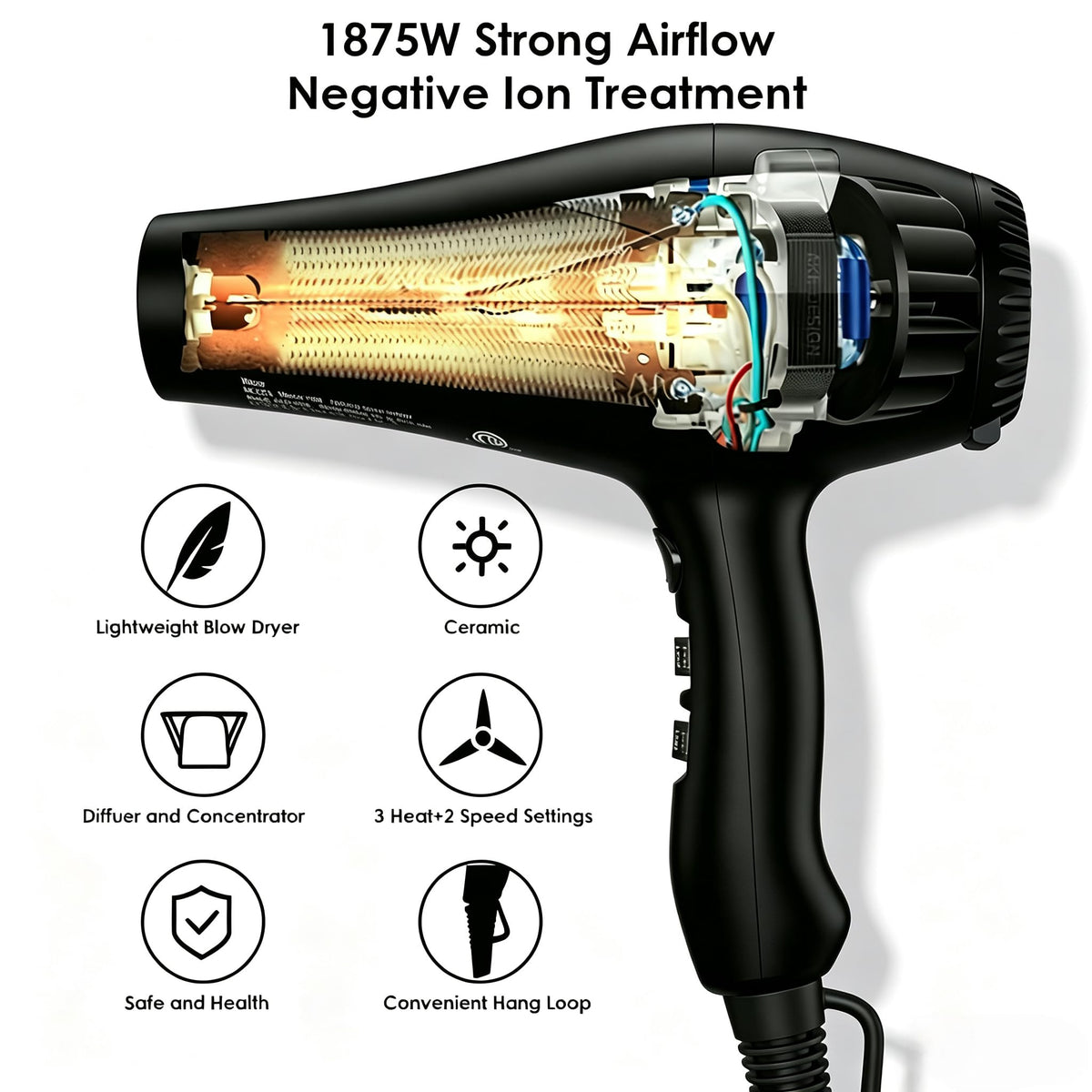 1875W Ionic Hair Dryer with Diffuser and Concentrator Z475442