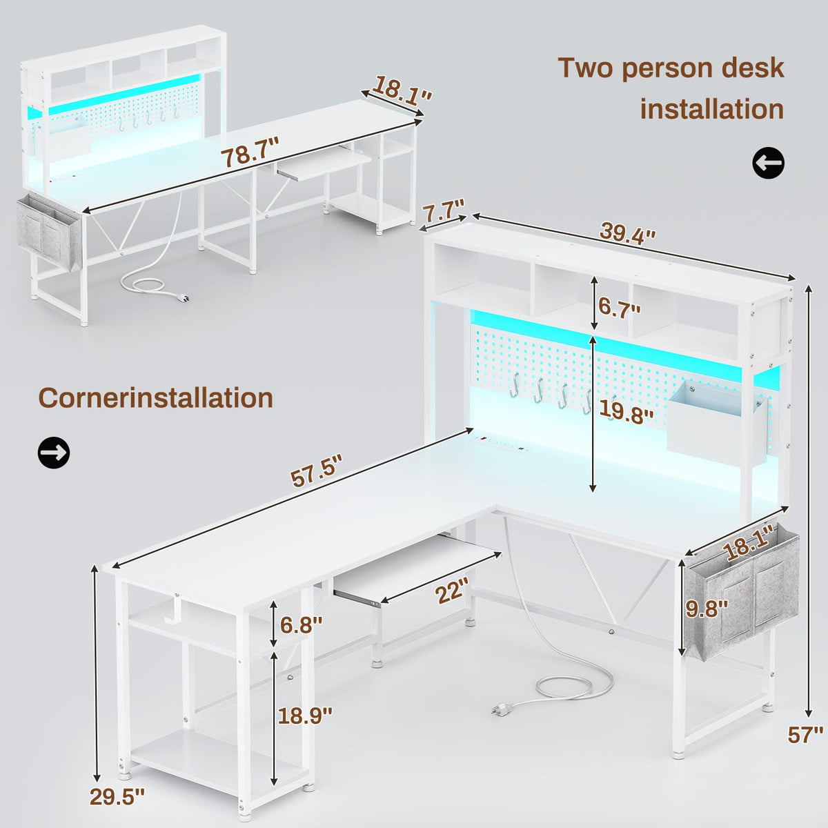 White L Shaped Office Desk with Power Outlet and Storage Shelves V235851