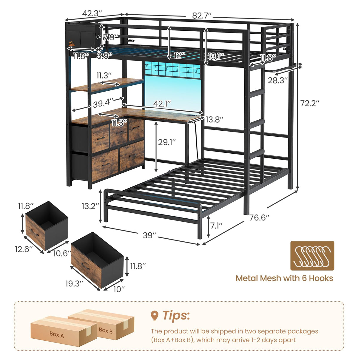 Twin XL Over Twin Bunk Bed with Desk and 5 Storage Drawers Y9475