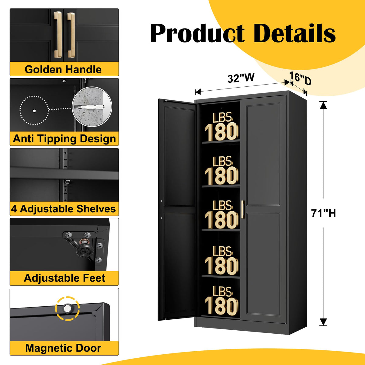71" Metal Pantry Storage Cabinet with Doors & 4 Adjustable Shelves C29590