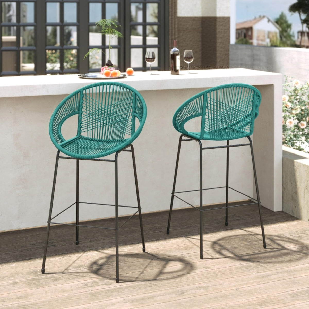 Faux Wicker PE Rattan Bar Stools Set of 2 Teal P446