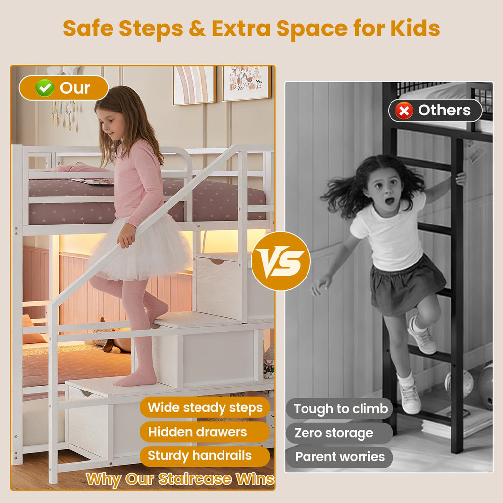 Low Bunk Bed Twin Over Twin with Storage Stairs C11576