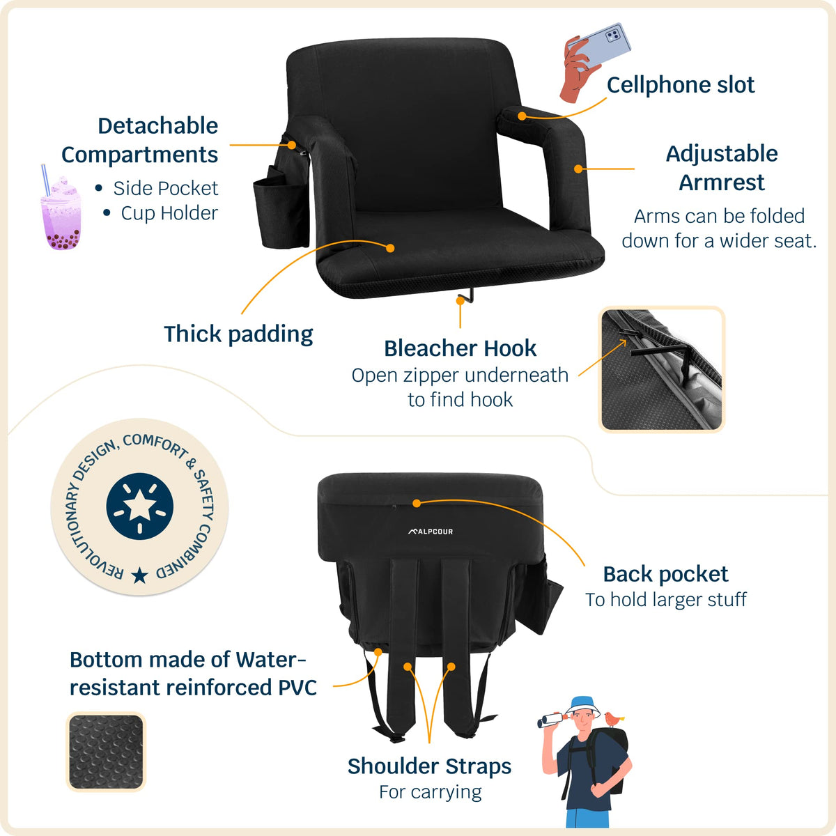 Stadium Seats with Back Support, Padded Cushion, Armrests, Side Pockets Q7733