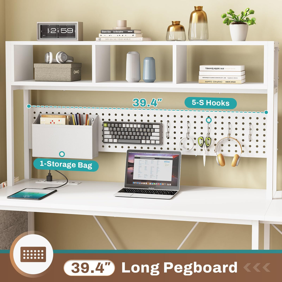 White L Shaped Office Desk with Power Outlet and Storage Shelves V235851
