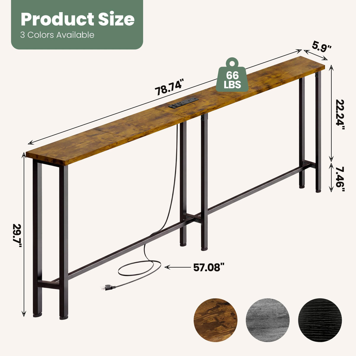 78" Sofa Table with Built-in Power Strip Metal Frame D254