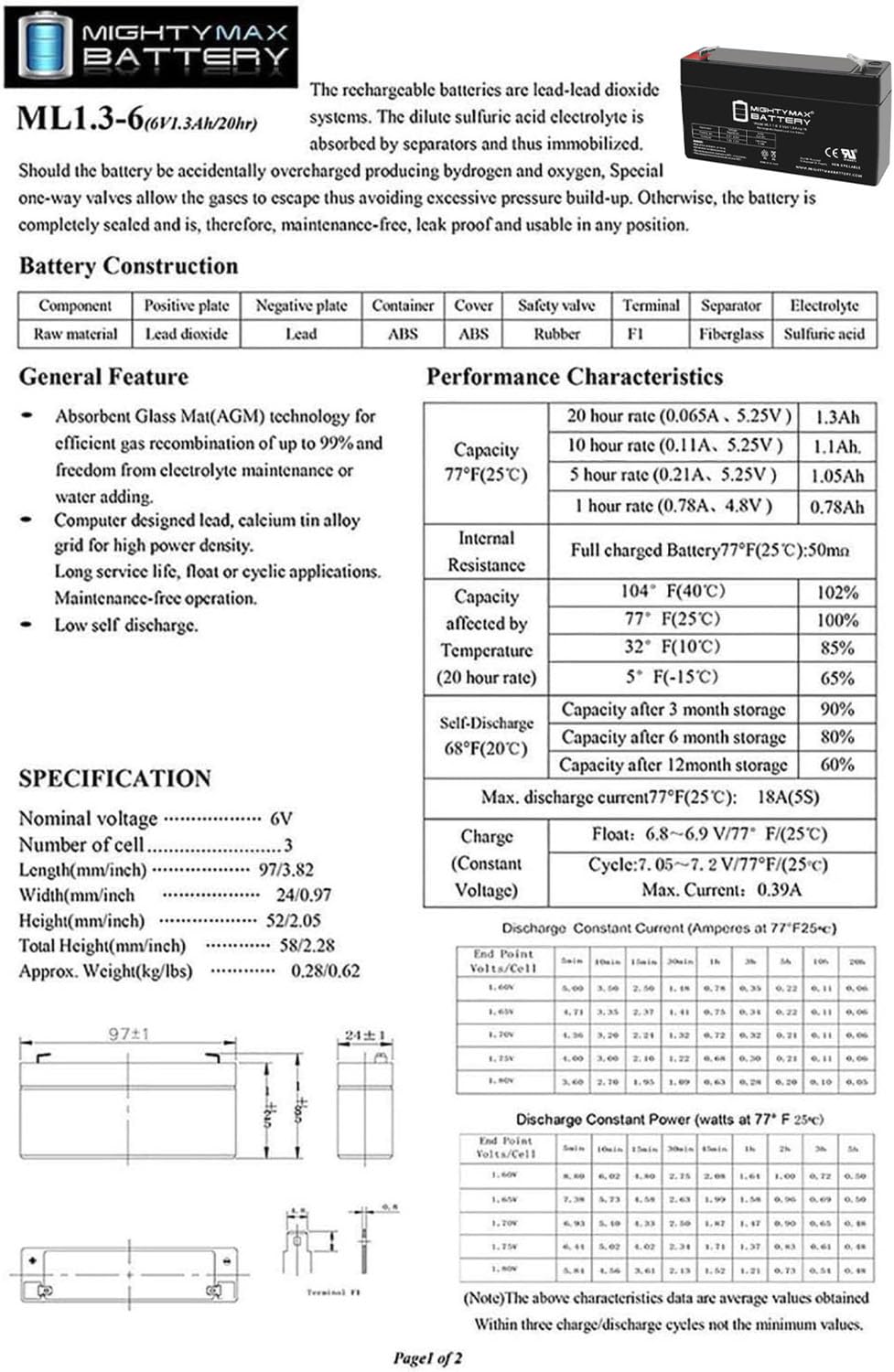 6V 1.3Ah SLA Replacement Battery 4 Pack X456