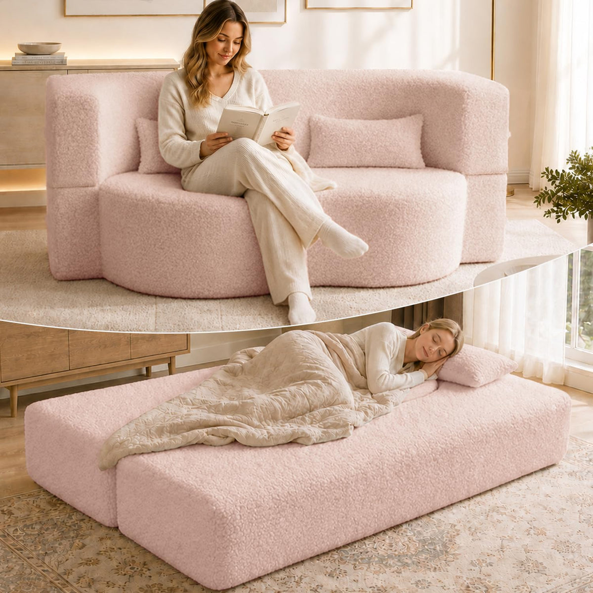 78" Pink Sherpa Futon Sofa Bed U8611
