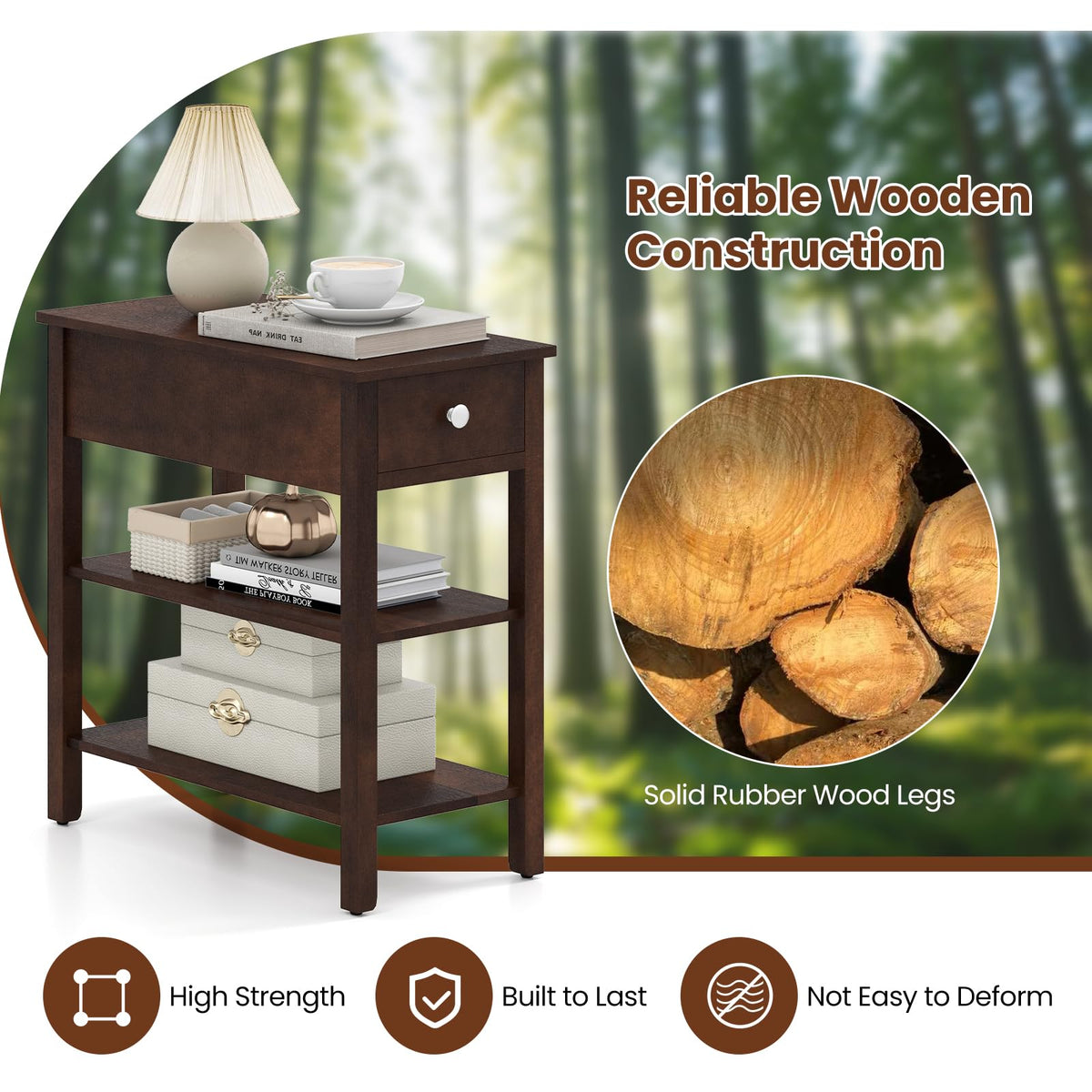 Narrow End Table Set of 2 Wood 3-Tier A3712