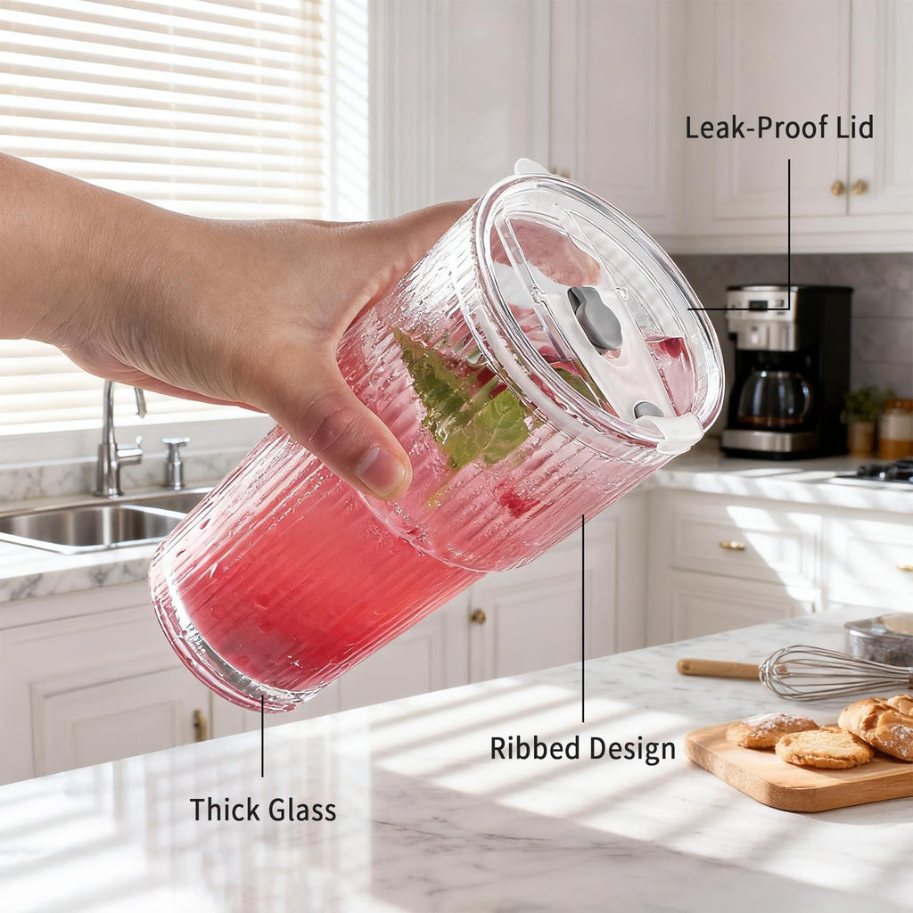 20oz Ribbed Glass Tumbler Set with Lids and Straws, 2 Pack U6176