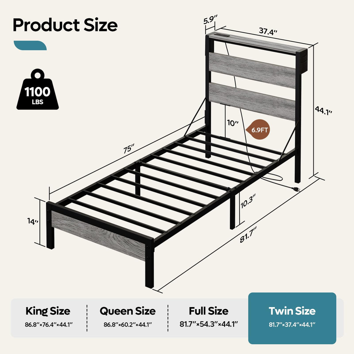 Grey Twin Platform Bed Frame with Storage Headboard X8102