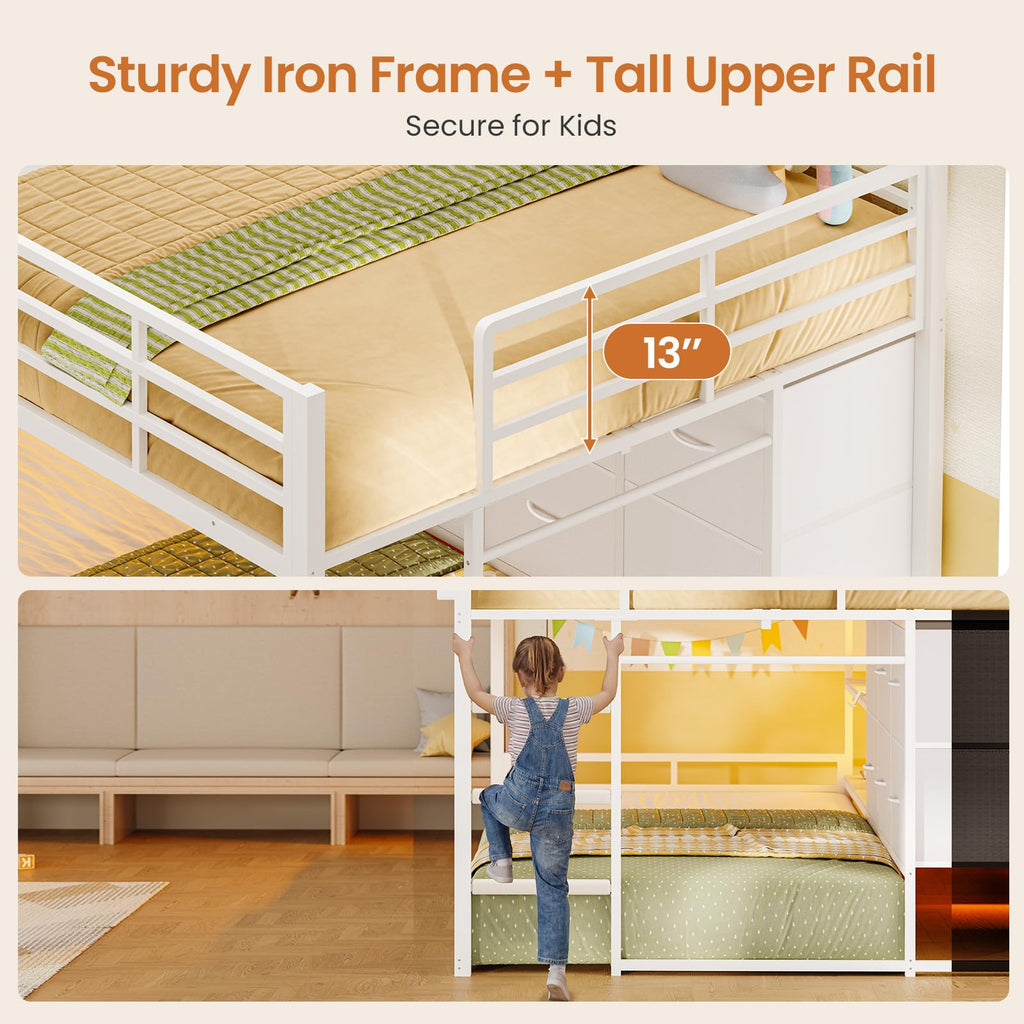 White Full Over Twin Bunk Bed with 6 Drawers and LED Lights N9241