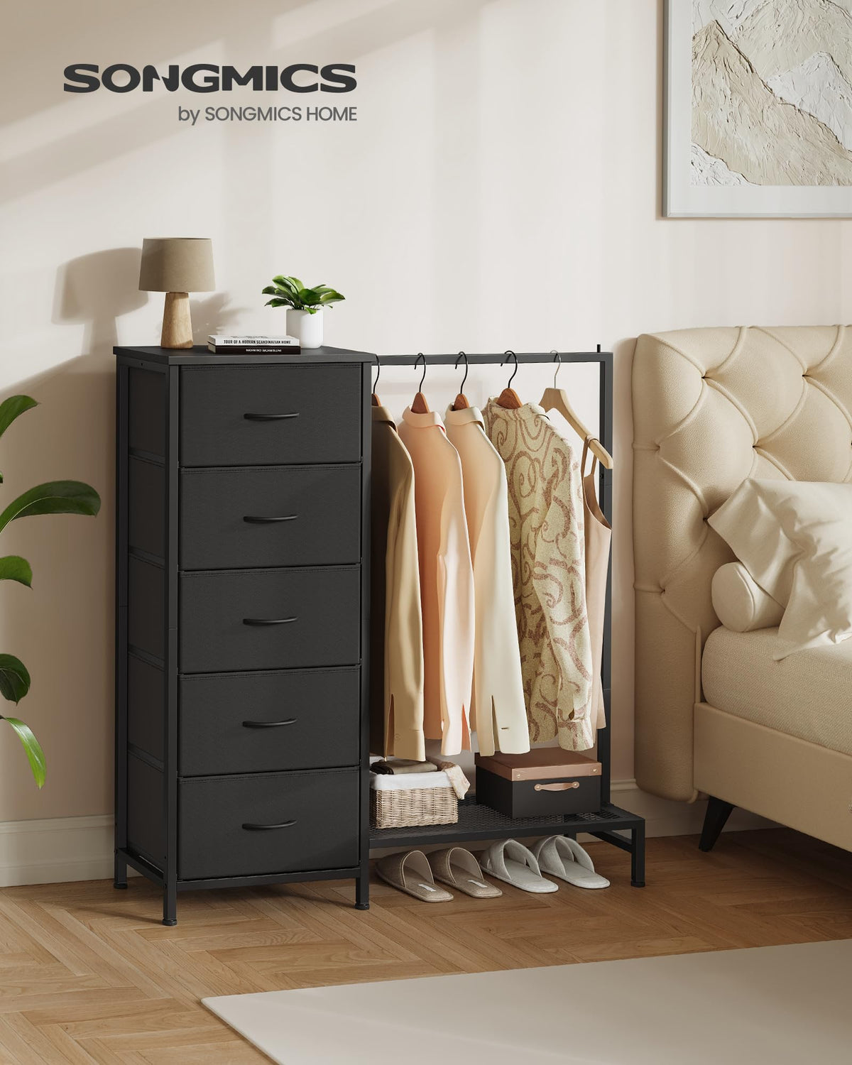 Fabric Dresser with Hanging Rod and 5 Drawers H92480