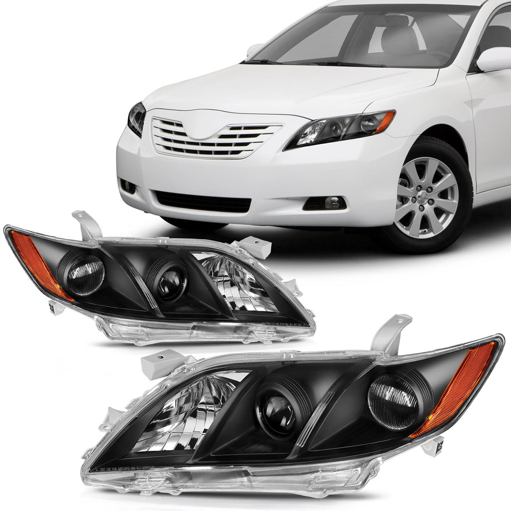 Headlights For Toyota Camry 2007-2009 Black Housing Amber Reflector Clear Lens O677