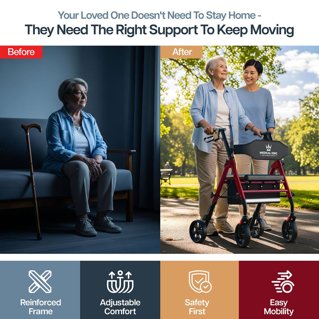 Foldable Rollator Walker with Seat, 8" Wheels, Red F556