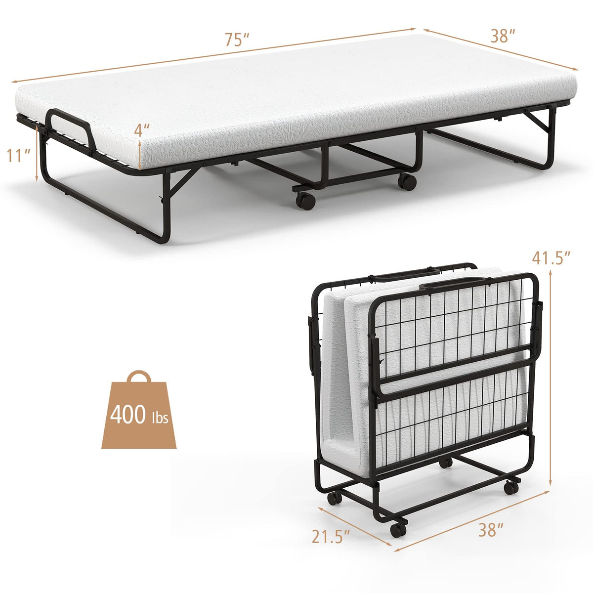 Folding Bed with Mattress Twin Size Metal Frame Memory Foam Y179