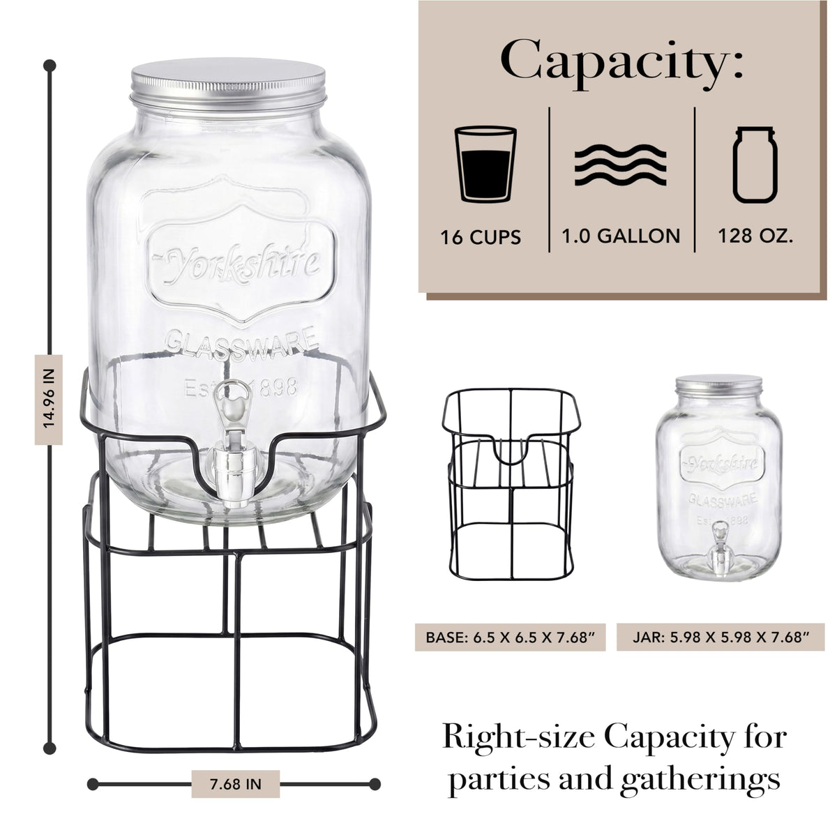 Mason Jar Glass Beverage Dispenser with Metal Stand, 1 Gal D30038