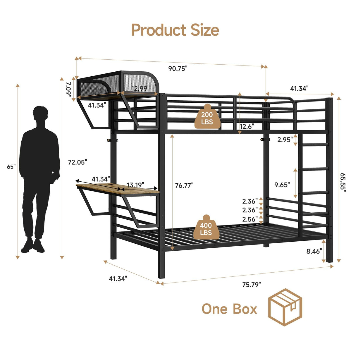 Twin Over Twin Metal Bunk Bed with Desk & Outlet X54713
