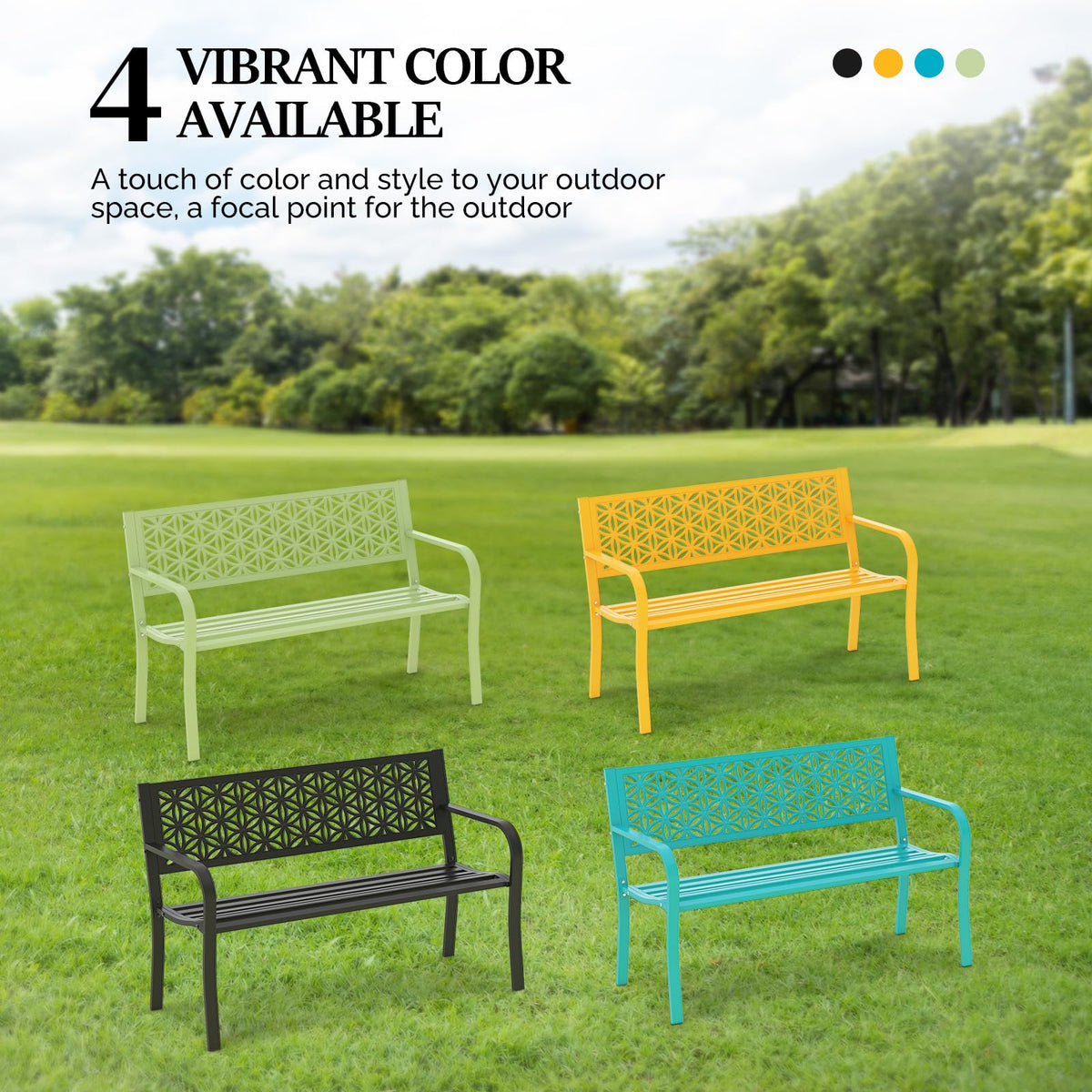 50" Black Metal Outdoor Bench with Floral Back H8898
