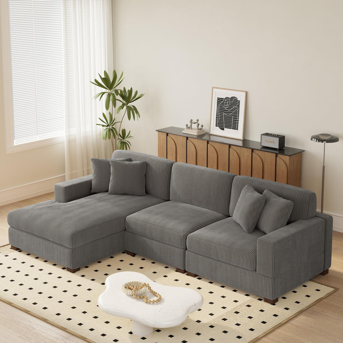118" Light Gray Corduroy Modular Sectional Sofa with L-Shape Chaise R308