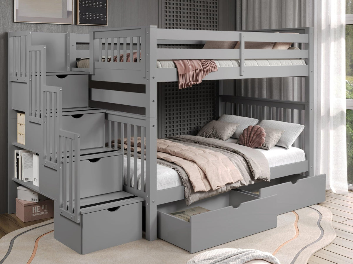 Full Over Full Gray Bunk Beds with Drawers U714737