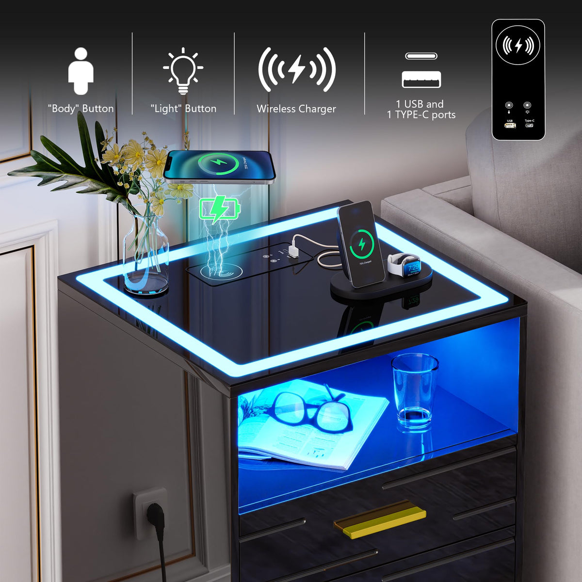 Black Glass Top 3 Drawer Nightstand with Wireless Charging O77040